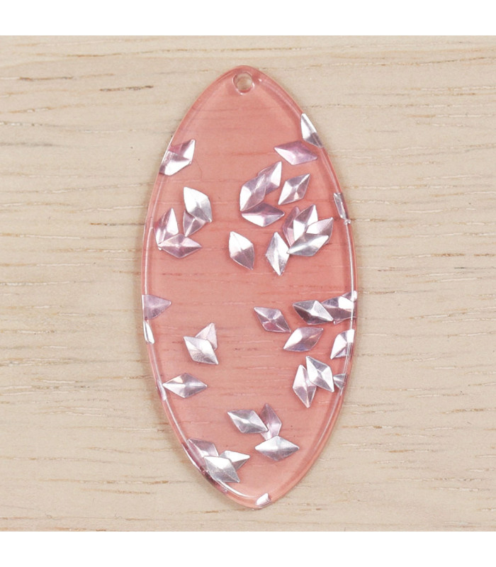 Pendentif Ovale Plein en acrylique Rose Eclats Argentés