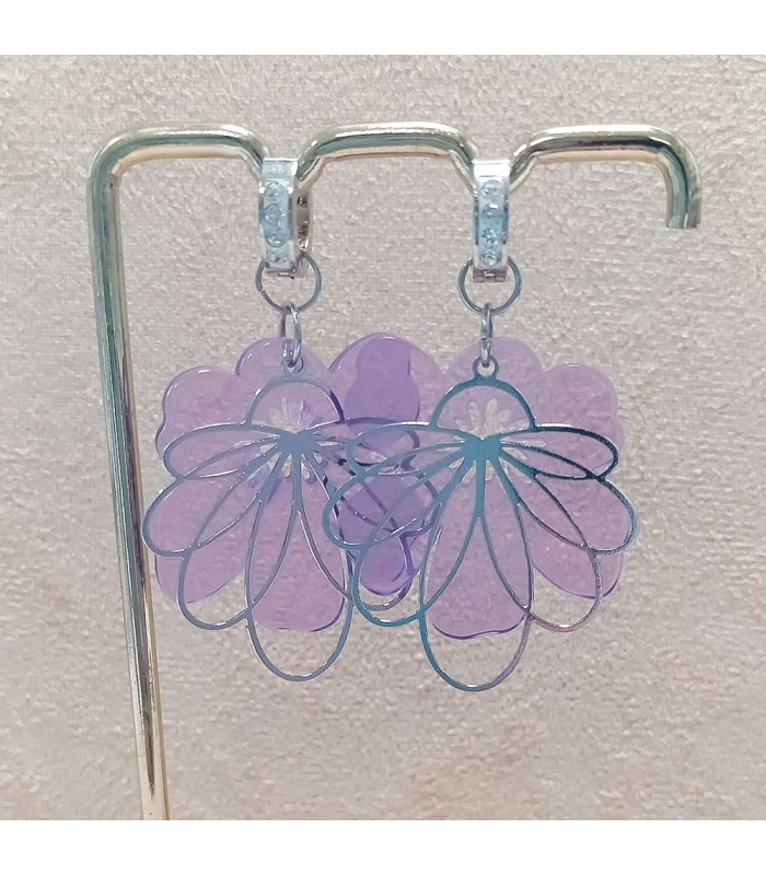 Pendentif Fleur Sakura Evidée en acrylique violet transparent boucles d'oreille