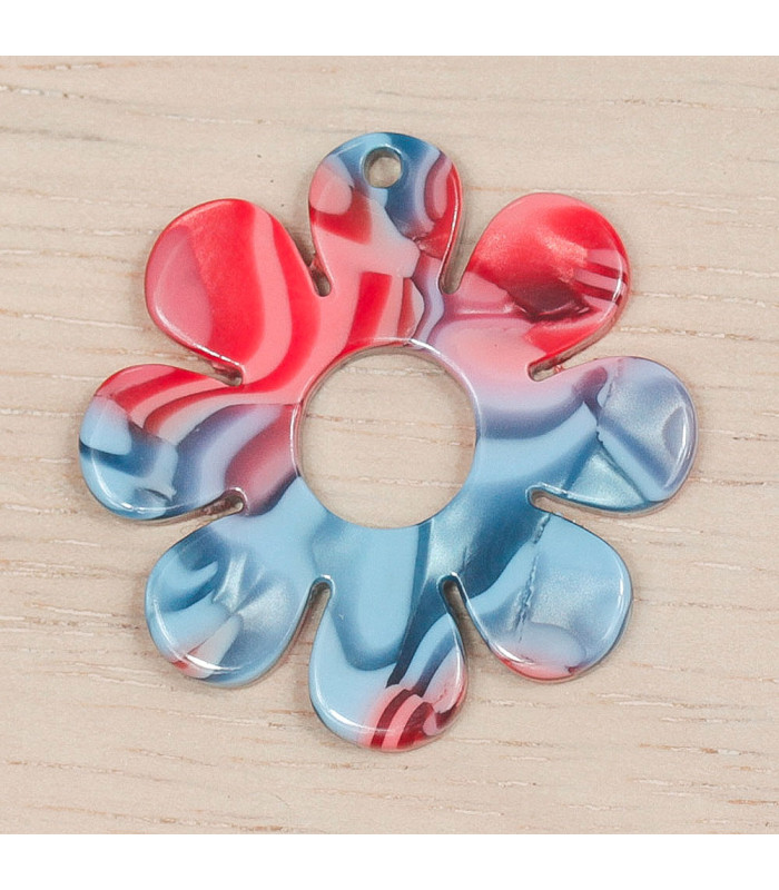 Pendentif Fleur Evidée en acétate marbré Bleu et Rouge