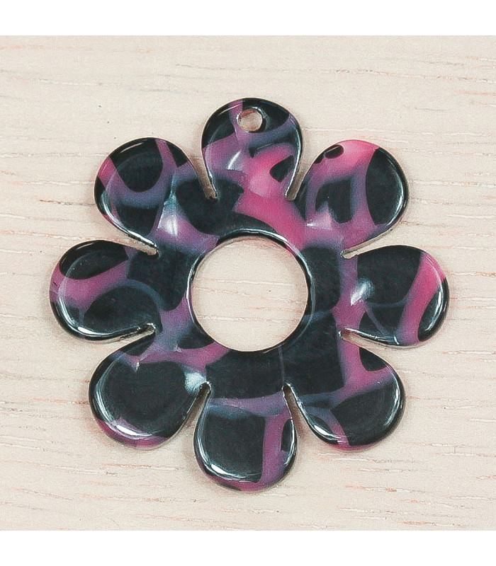 Pendentif Fleur Evidée en acétate marbré Noir et Rose