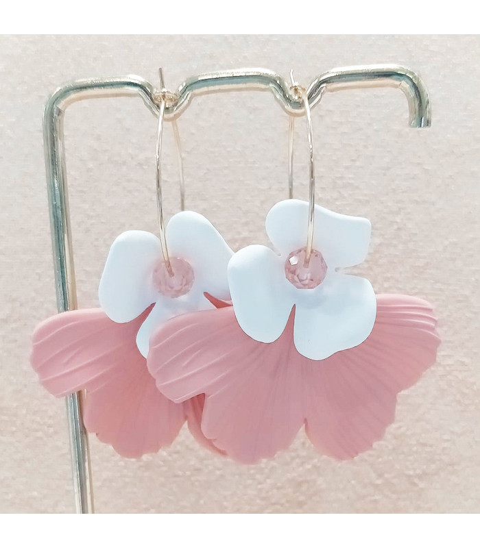 Pendentif Feuille Gingko en acrylique mat rose clair boucles d'oreilles rose et blanc