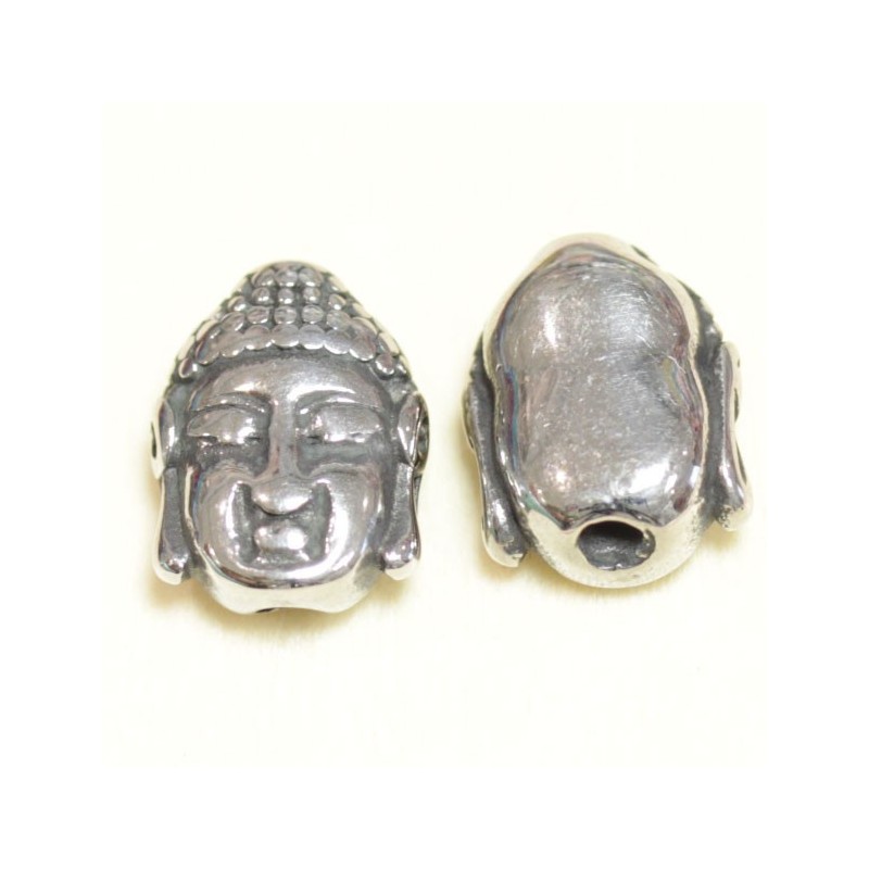 Perle - Acier Inoxydable - Tête de Buddha - 14x12mm - Argenté foncé