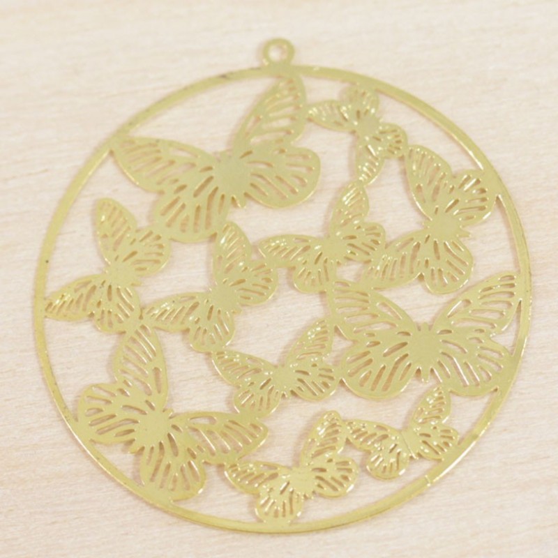 Breloque Laser Cut rond papillons doré