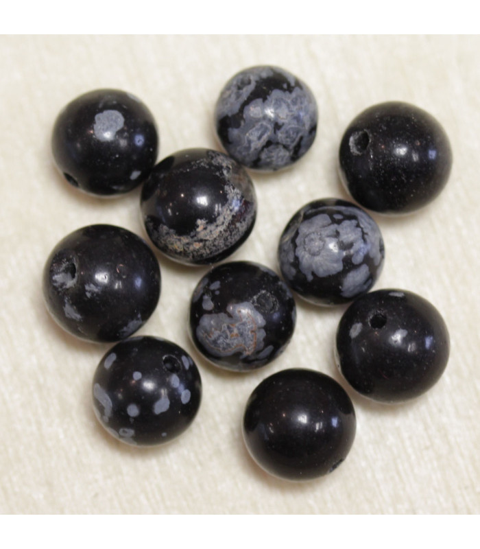 Perles en pierre naturelle ou Gemme - Obsidienne Flocon Neige - 8mm - Lot de 10 perles